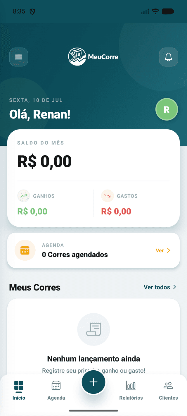 Tela inicial do Meu Corre mostrando o saldo do mês